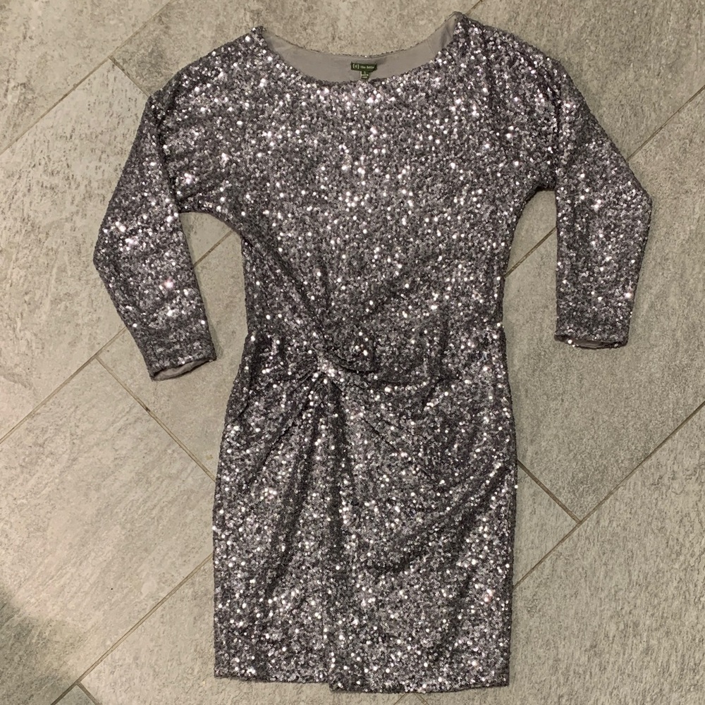 {tl} the letter Shimmering Silver Sequin NYE Winter Party Long Sleeve Dress